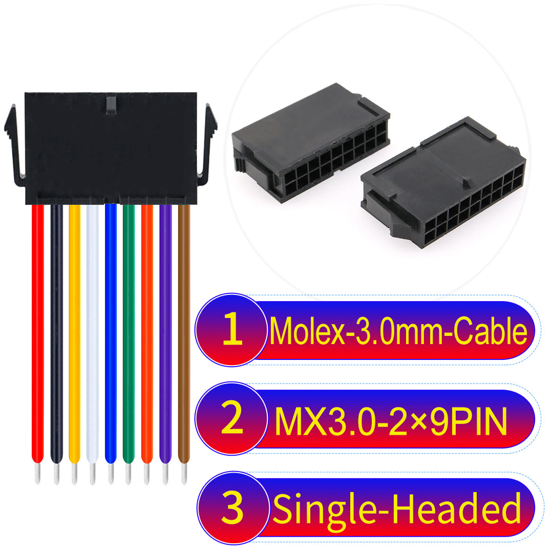 Molex MX3.0mm Dual Row 2¡Á9Pin Female Single-Headed Micro-Fit cable, 22AWG UL1007-certified PVC, perfect for secure and durable connections in various applications.