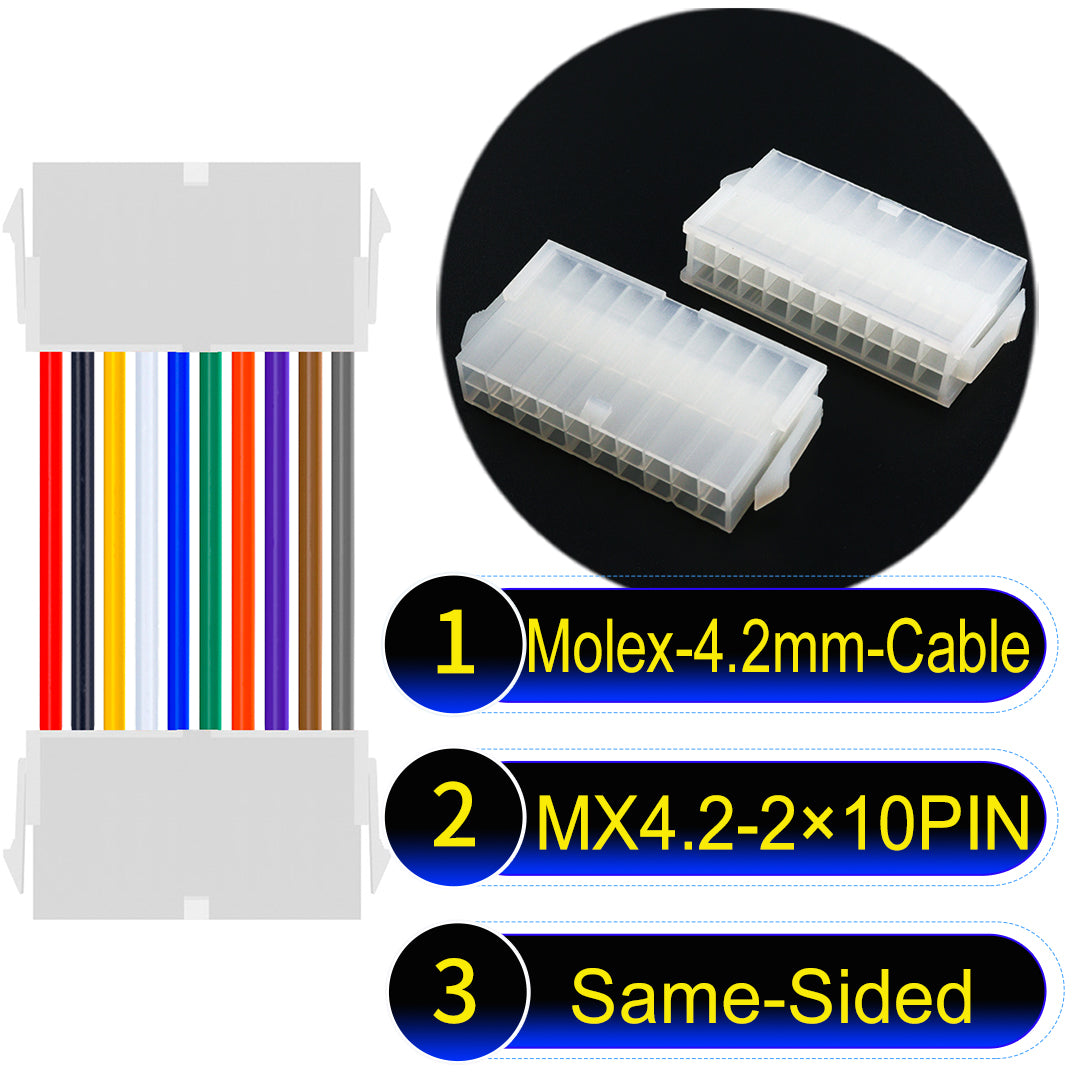 Molex MX4.2mm Dual Row 2×10Pin Mini-Fit Jr Female Same-Side-Head Cable, 18AWG UL1007 PVC-certified material, perfect for efficient and durable connections.