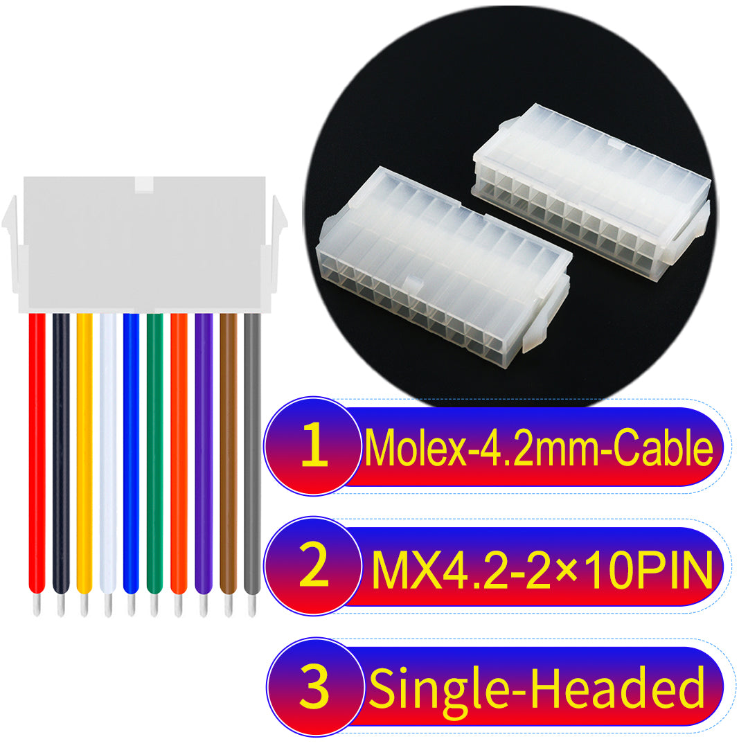 High-quality Molex MX4.2mm Dual Row 2×10Pin Mini-Fit Jr Female single-headed cable with 18AWG PVC, ideal for various devices.