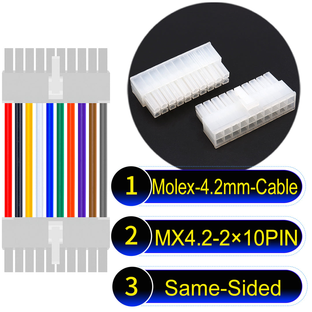 Molex MX4.2mm Dual Row 2×10Pin Mini-Fit Jr Male Same-Side-Head Cable, 18AWG UL1007 PVC-certified material, perfect for efficient and durable connections.