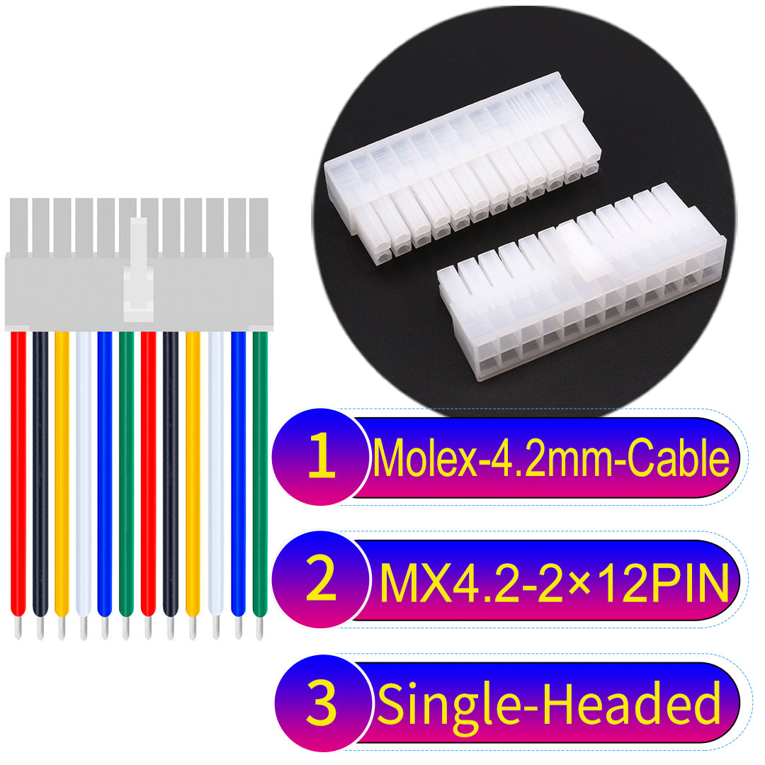 Molex MX4.2mm Dual Row 2×12Pin Mini-Fit Jr Male Single-Headed Cable, 18AWG UL1007 PVC-certified material, perfect for efficient and durable connections.