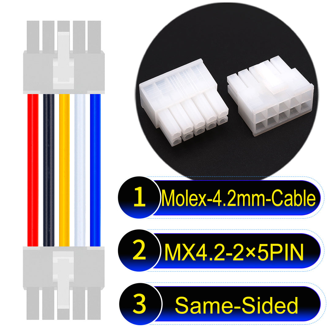Molex MX4.2mm Dual Row 2×5Pin Mini-Fit Jr Male Same-Side-Head Cable, 18AWG UL1007 PVC-certified material, perfect for efficient and durable connections.
