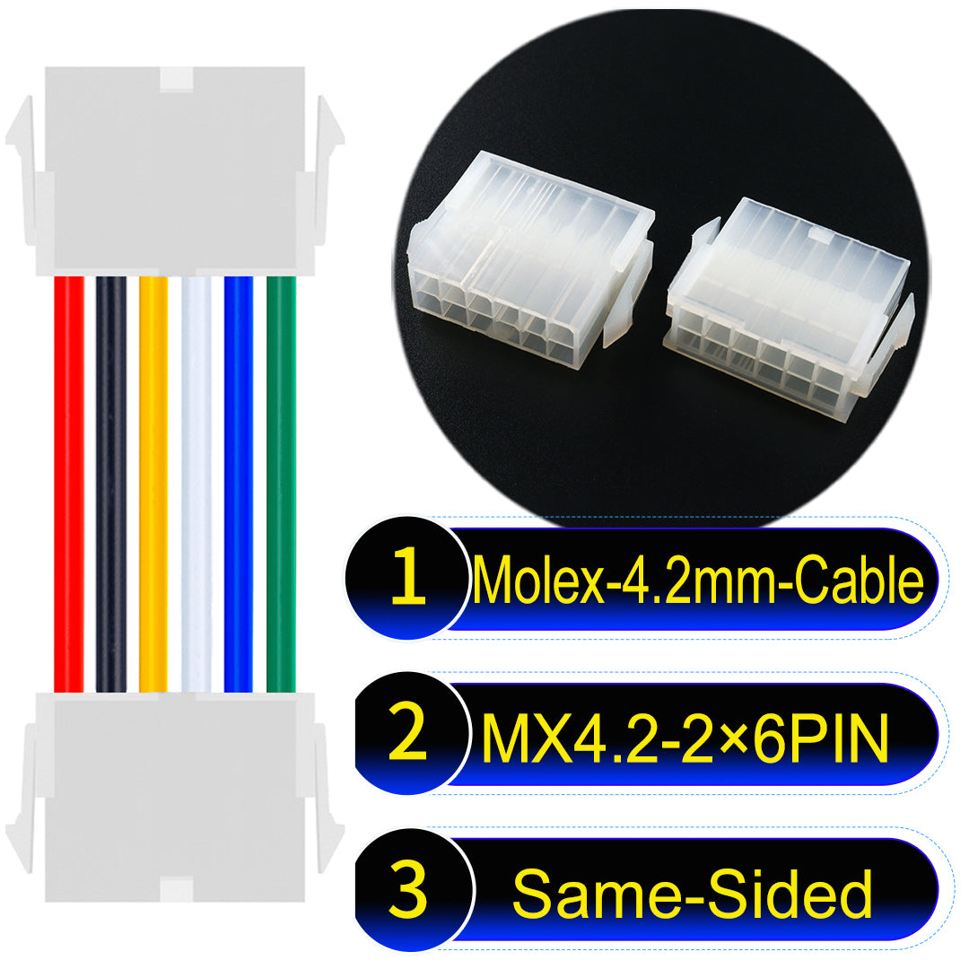 Molex MX4.2mm Dual Row 2×6Pin Mini-Fit Jr Female Same-Side-Head Cable, 18AWG UL1007 PVC-certified material, perfect for efficient and durable connections.
