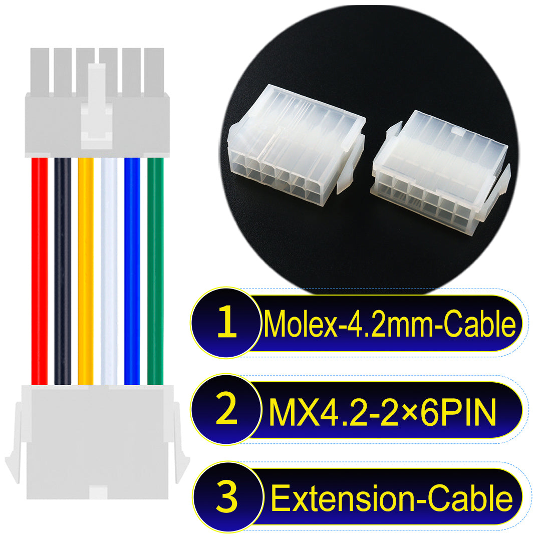 Molex MX4.2mm Dual Row 2×6Pin Mini-Fit Jr Male Female Extension Cable, 18AWG UL1007 PVC-certified material, perfect for efficient and durable connections.