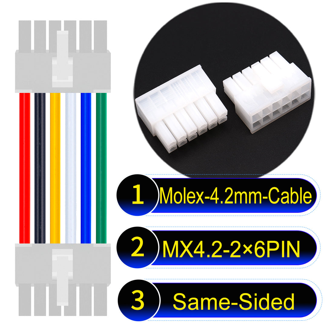Molex MX4.2mm Dual Row 2×6Pin Mini-Fit Jr Male Same-Side-Head Cable, 18AWG UL1007 PVC-certified material, perfect for efficient and durable connections.