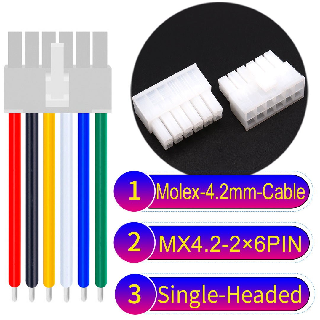 Molex MX4.2mm Dual Row 2×6Pin Mini-Fit Jr Male Single-Headed Cable, 18AWG UL1007 PVC-certified material, perfect for efficient and durable connections.