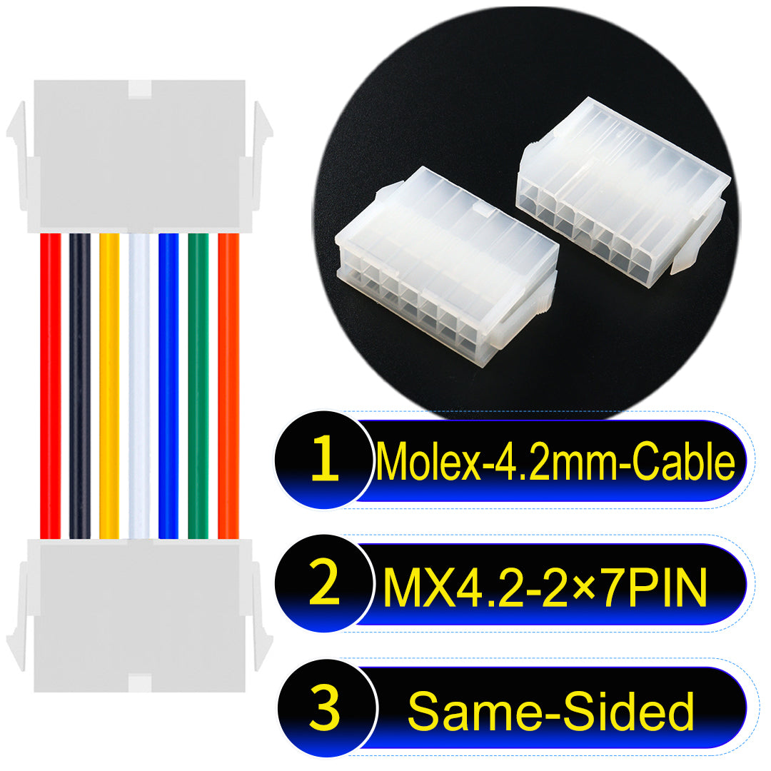 Molex MX4.2mm Dual Row 2×7Pin Mini-Fit Jr Female Same-Side-Head Cable, 18AWG UL1007 PVC-certified material, perfect for efficient and durable connections.