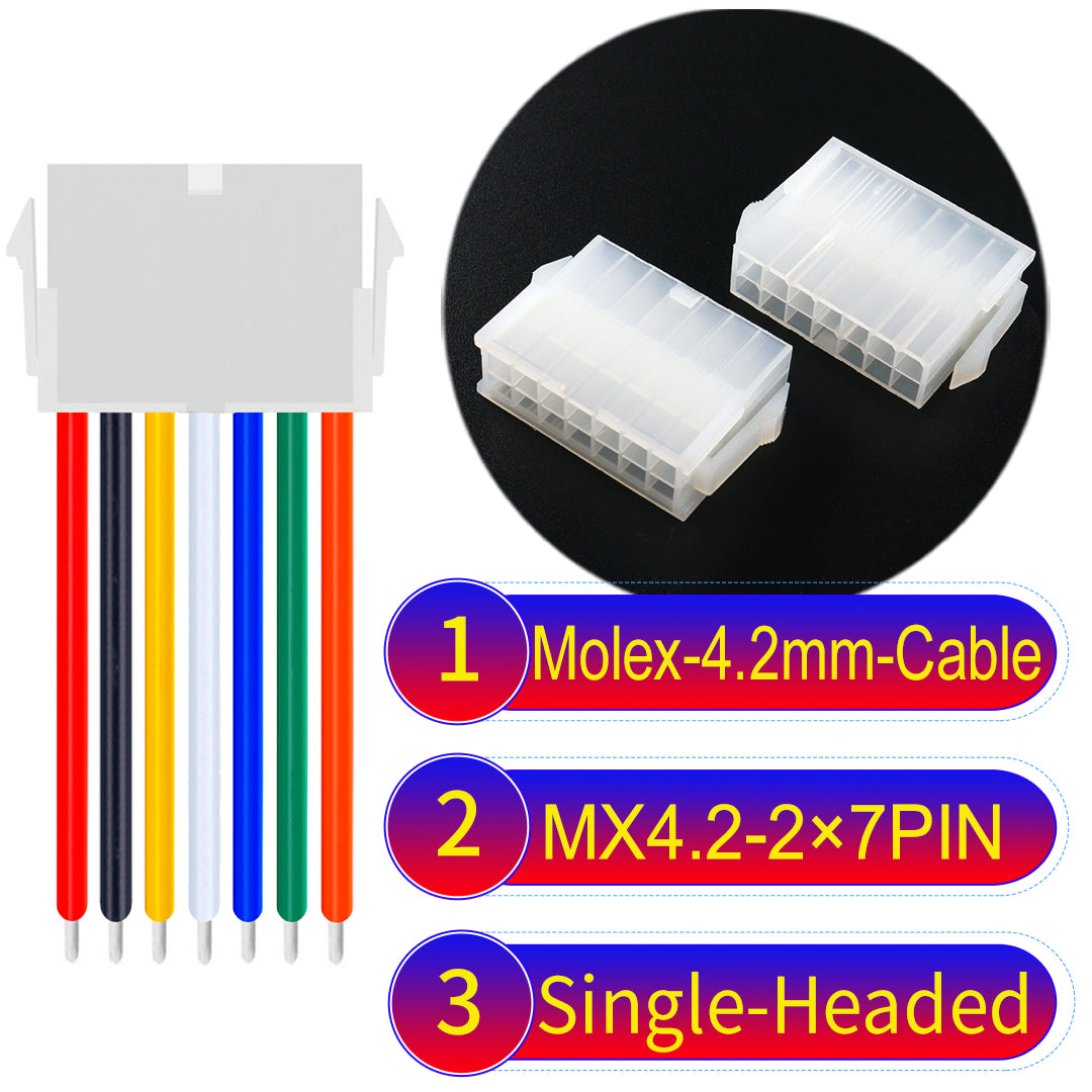 High-quality Molex MX4.2mm Dual Row 2×7Pin Mini-Fit Jr Female single-headed cable with 18AWG PVC, ideal for various devices.