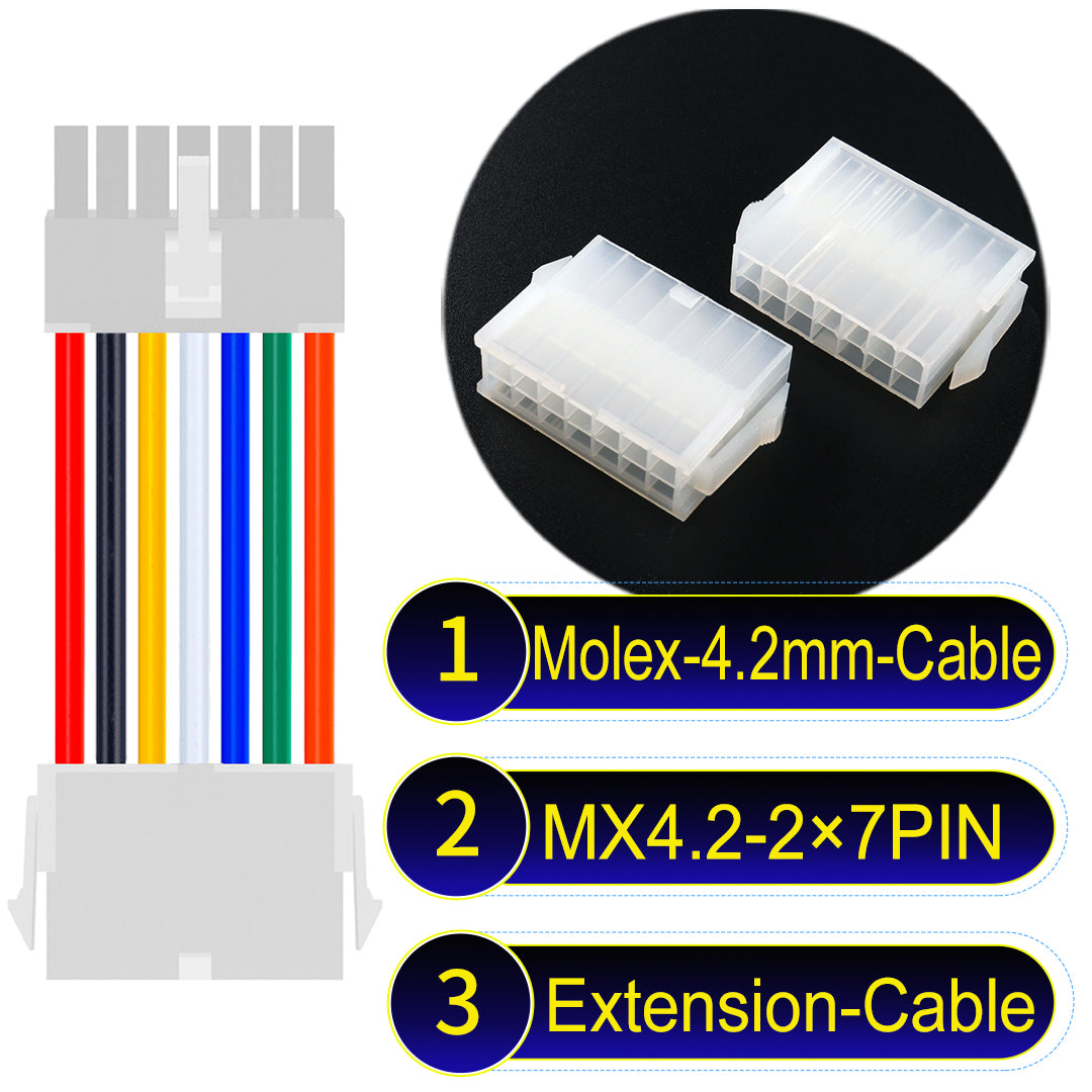 Molex MX4.2mm Dual Row 2×7Pin Mini-Fit Jr Male Female Extension Cable, 18AWG UL1007 PVC-certified material, perfect for efficient and durable connections.