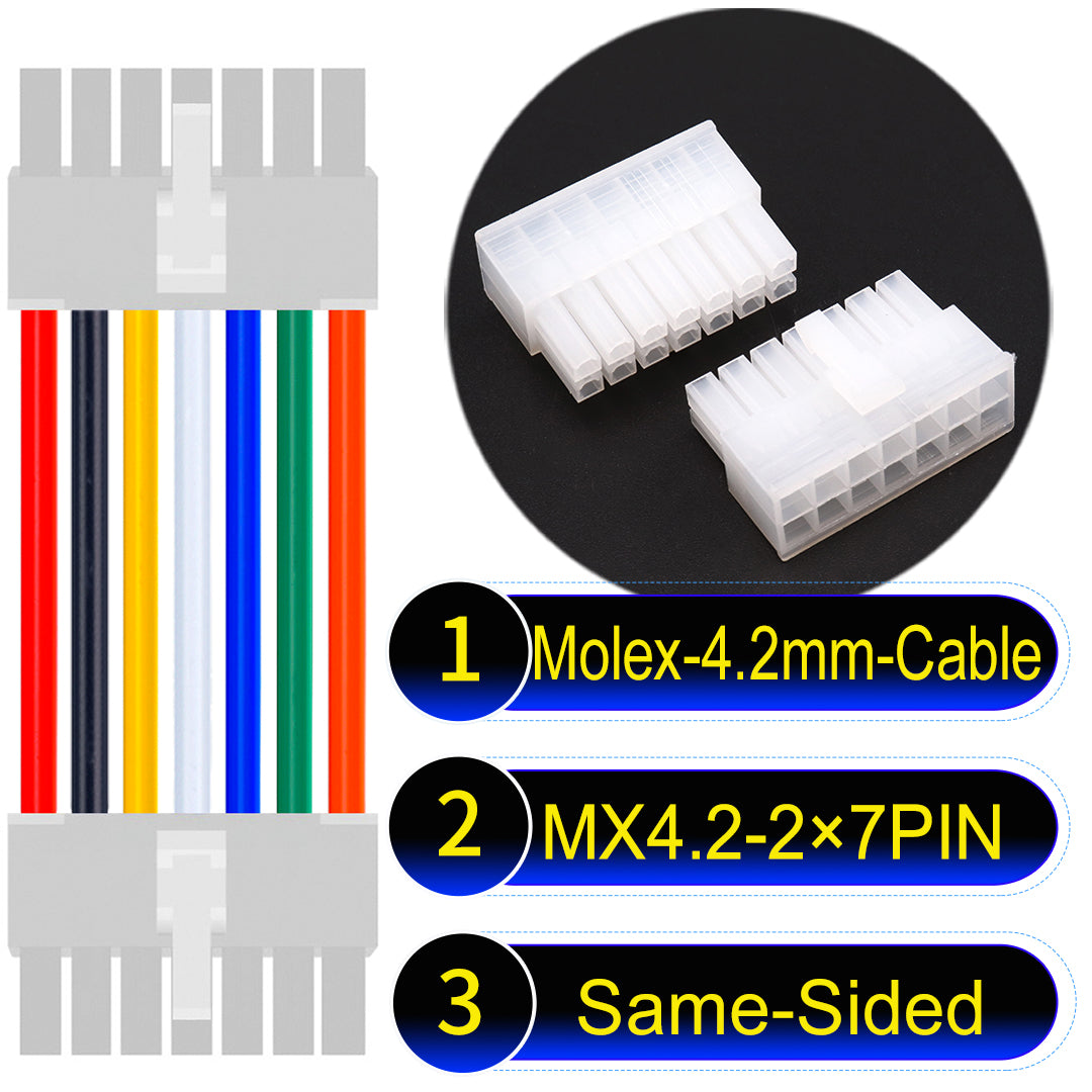 Molex MX4.2mm Dual Row 2×7Pin Mini-Fit Jr Male Same-Side-Head Cable, 18AWG UL1007 PVC-certified material, perfect for efficient and durable connections.