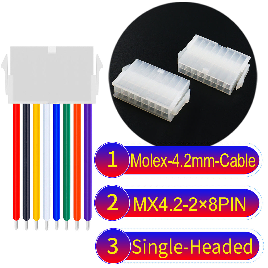 High-quality Molex MX4.2mm Dual Row 2×8Pin Mini-Fit Jr Female single-headed cable with 18AWG PVC, ideal for various devices.