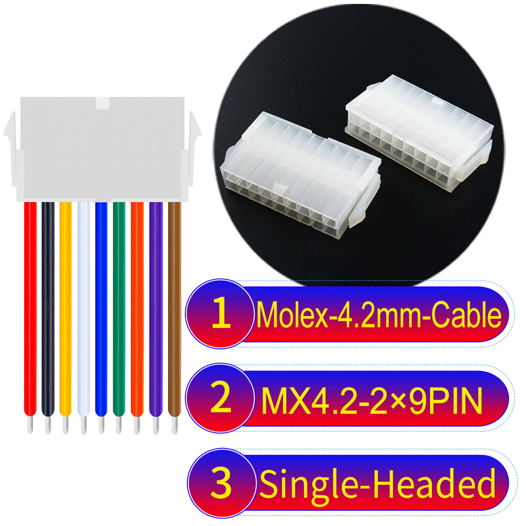 High-quality Molex MX4.2mm Dual Row 2×9Pin Mini-Fit Jr Female single-headed cable with 18AWG PVC, ideal for various devices.