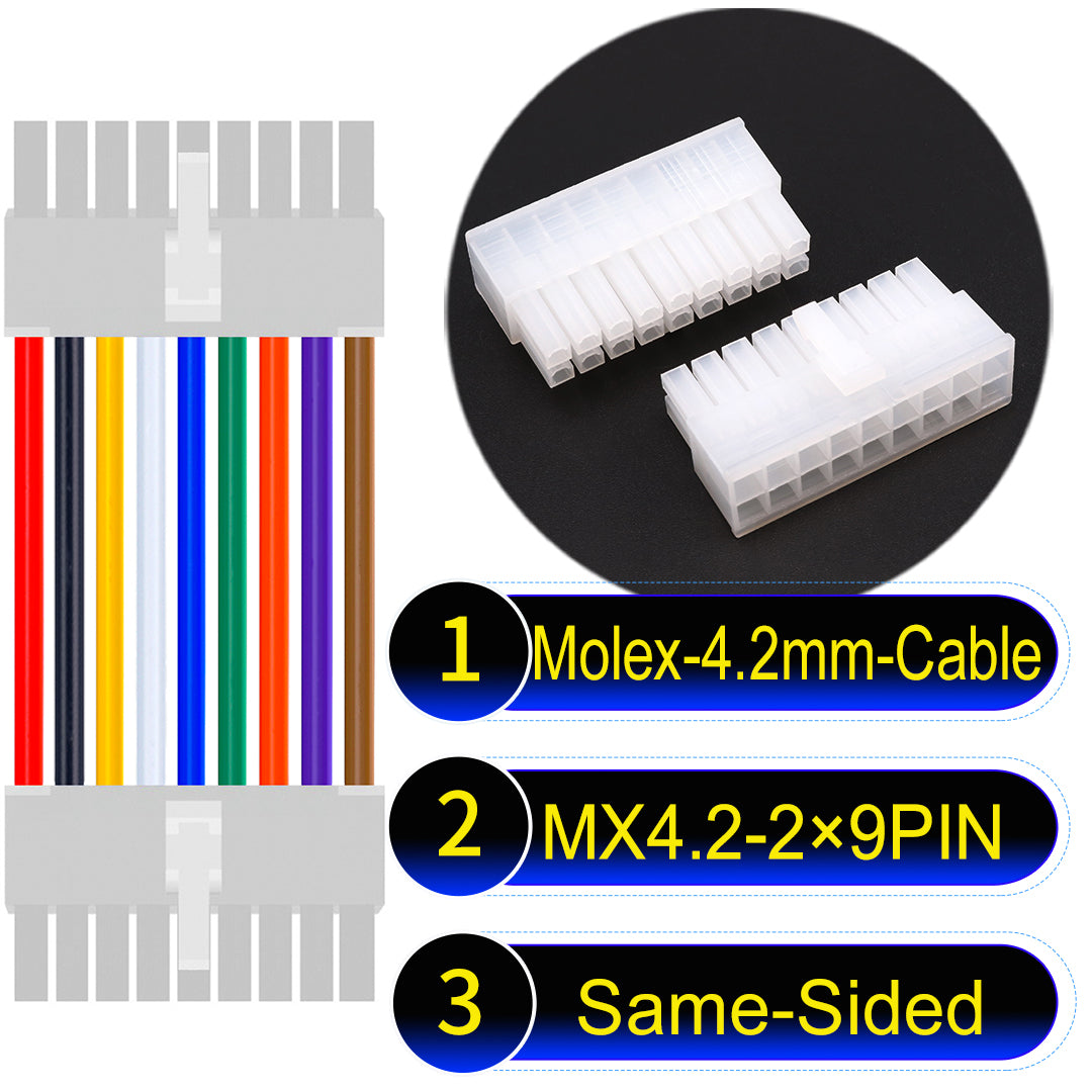 Molex MX4.2mm Dual Row 2×9Pin Mini-Fit Jr Male Same-Side-Head Cable, 18AWG UL1007 PVC-certified material, perfect for efficient and durable connections.