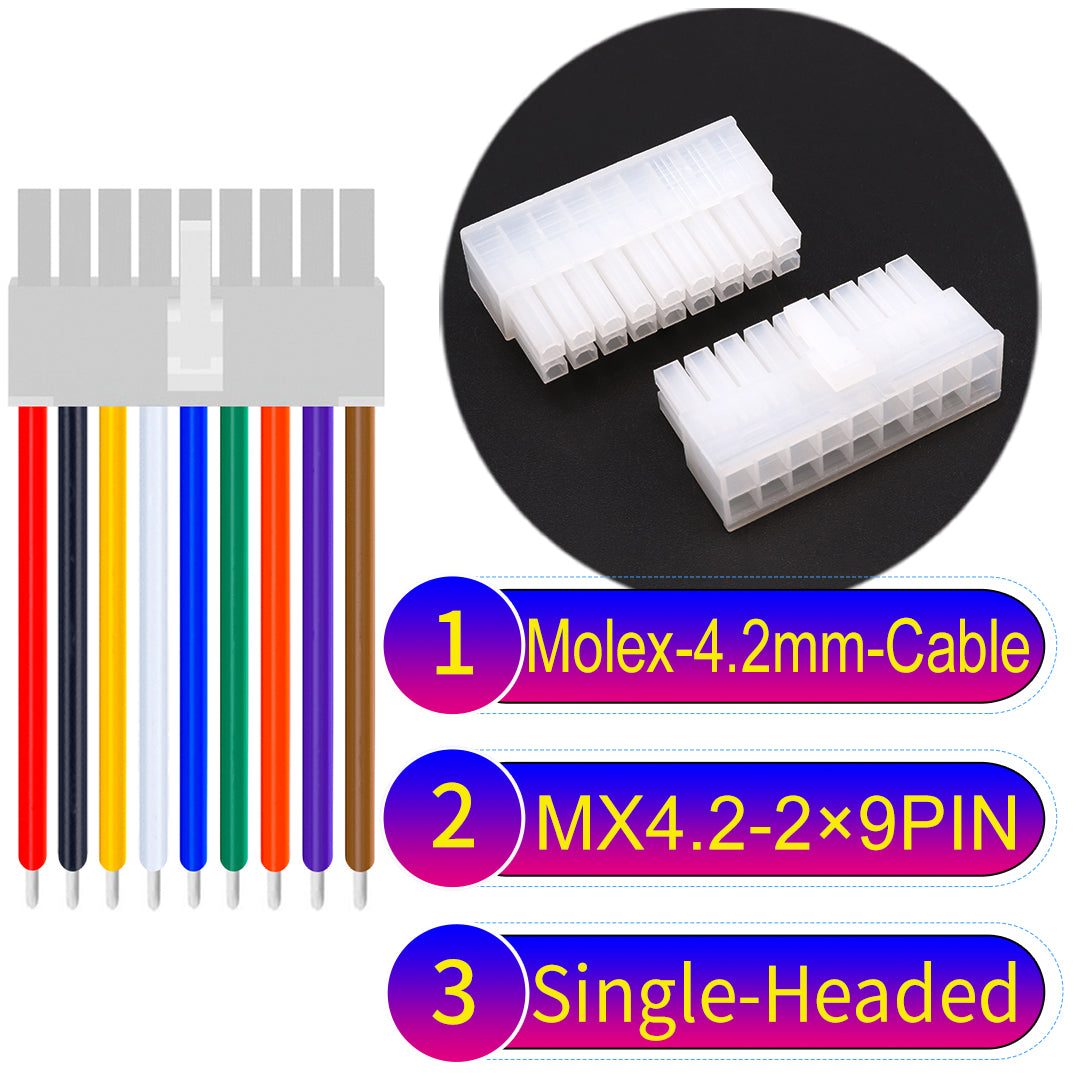 Molex MX4.2mm Dual Row 2×9Pin Mini-Fit Jr Male Single-Headed Cable, 18AWG UL1007 PVC-certified material, perfect for efficient and durable connections.