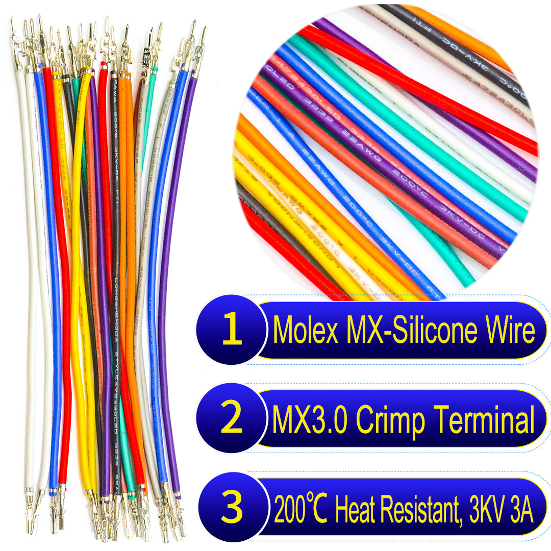 Molex Micro-Fit 3.0 3.0mm pre-crimped terminal silicone cable, 22AWG UL3239 wire, heat-resistant up to 200℃, 3KV, 3A, perfect for high-performance and high-temperature applications.