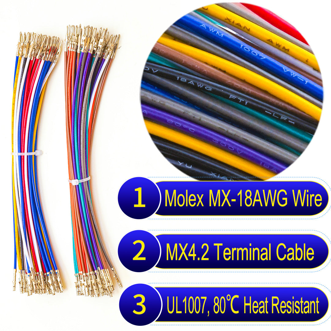 Molex Mini-Fit Jr 4.2mm pre-crimped terminal cable, UL1007 PVC, 18AWG, ideal for power applications, automotive, and industrial systems.