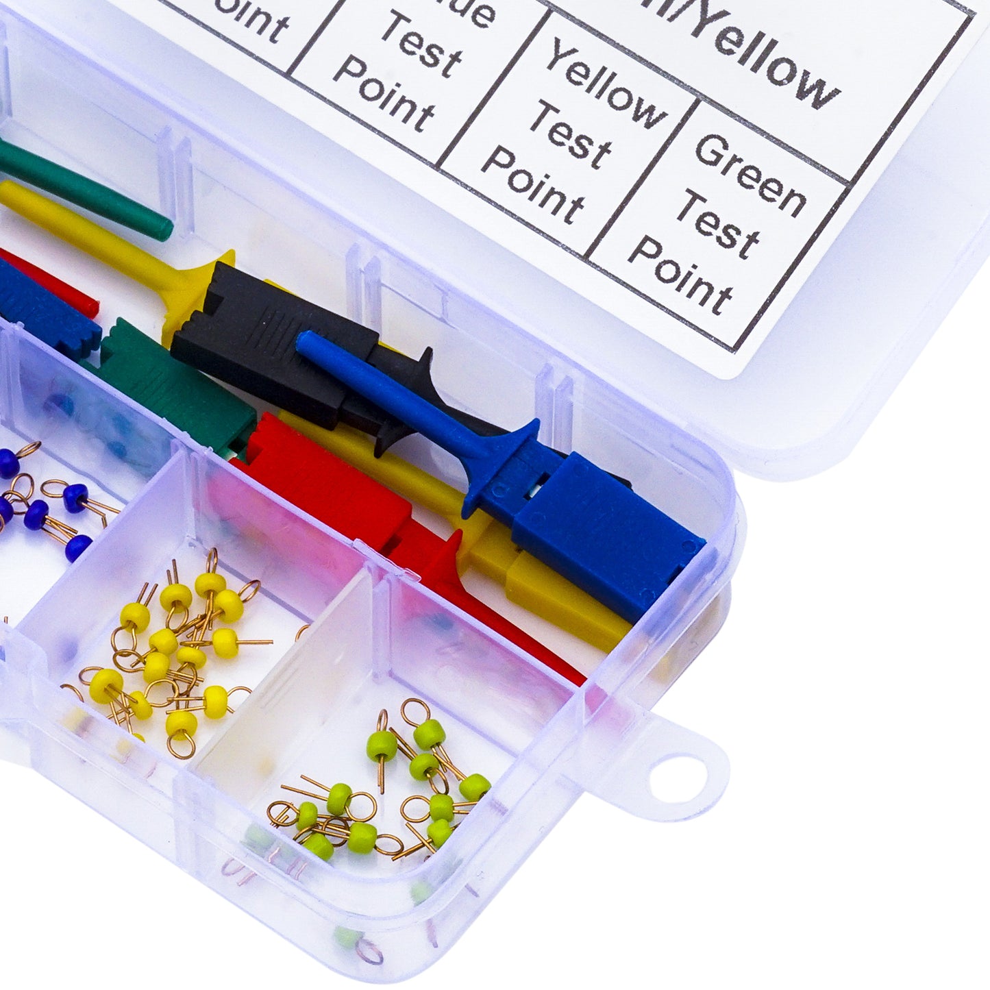 Complete PCB test point and hook clip assortment kit with various sizes and colors