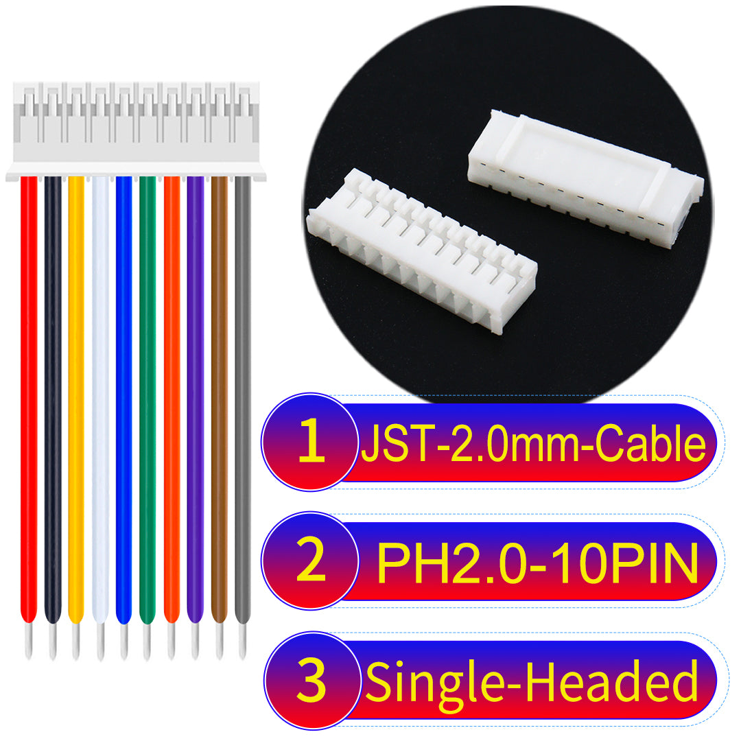 JST PH2.0 10Pin Single-Headed cable, 2.54mm pitch, 22AWG copper wire, UL1007 certified, ideal for home appliances, electrical systems, and LED lighting applications.