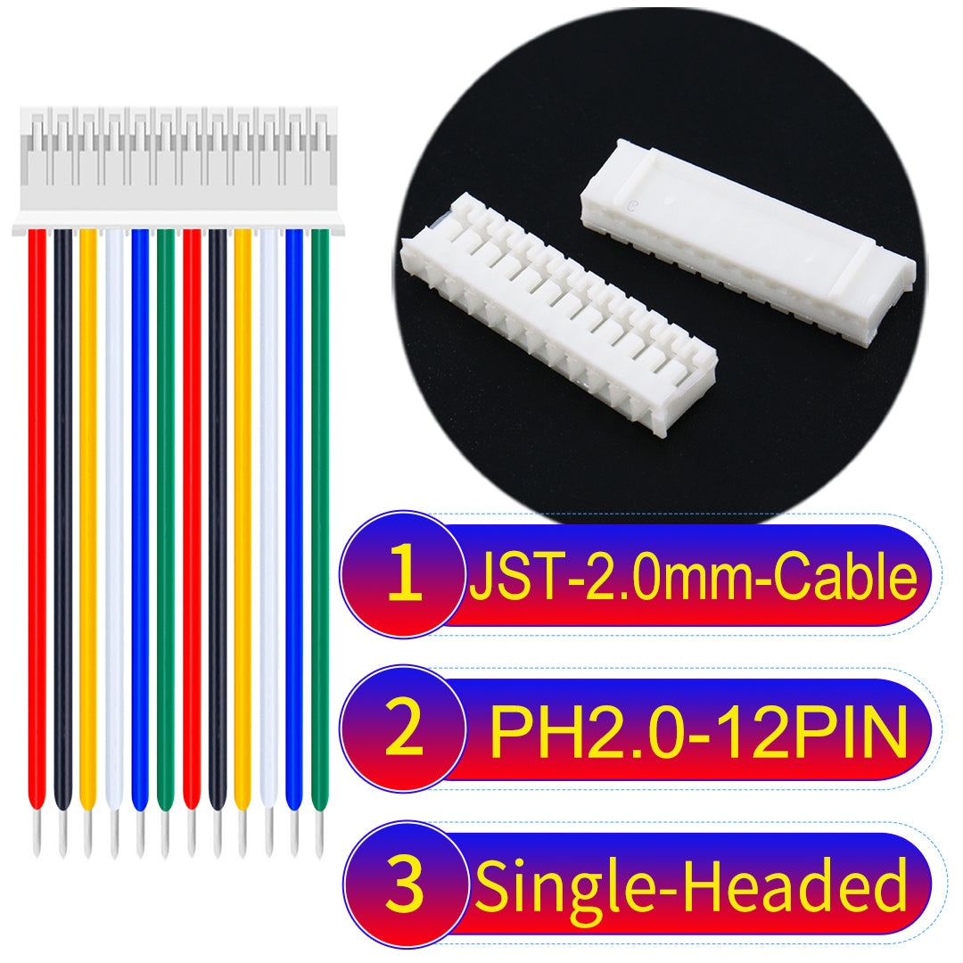 JST PH2.0 12Pin Single-Headed cable, 2.54mm pitch, 22AWG copper wire, UL1007 certified, ideal for home appliances, electrical systems, and LED lighting applications.