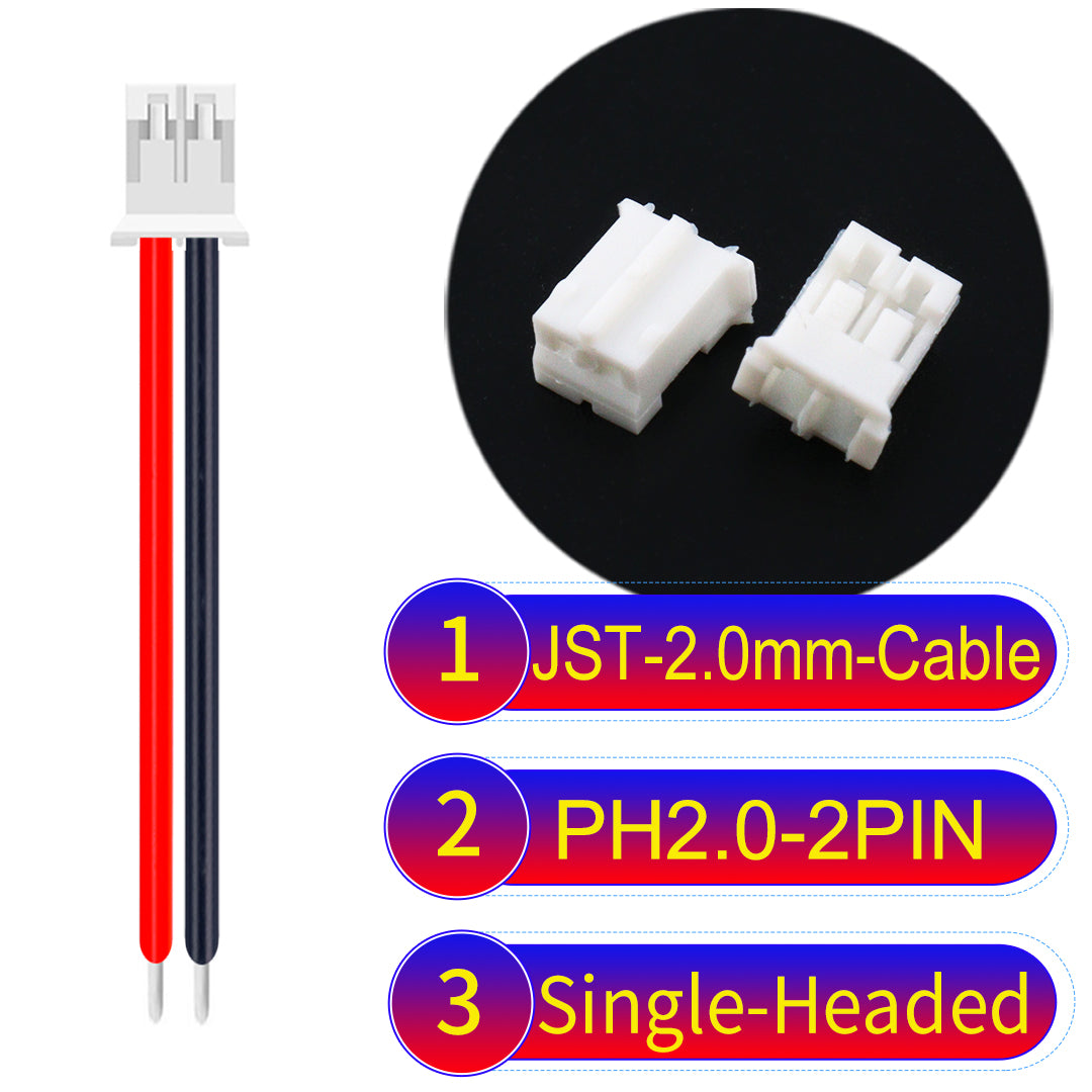 JST PH2.0 2Pin Single-Headed cable, 2.54mm pitch, 22AWG copper wire, UL1007 certified, ideal for home appliances, electrical systems, and LED lighting applications.
