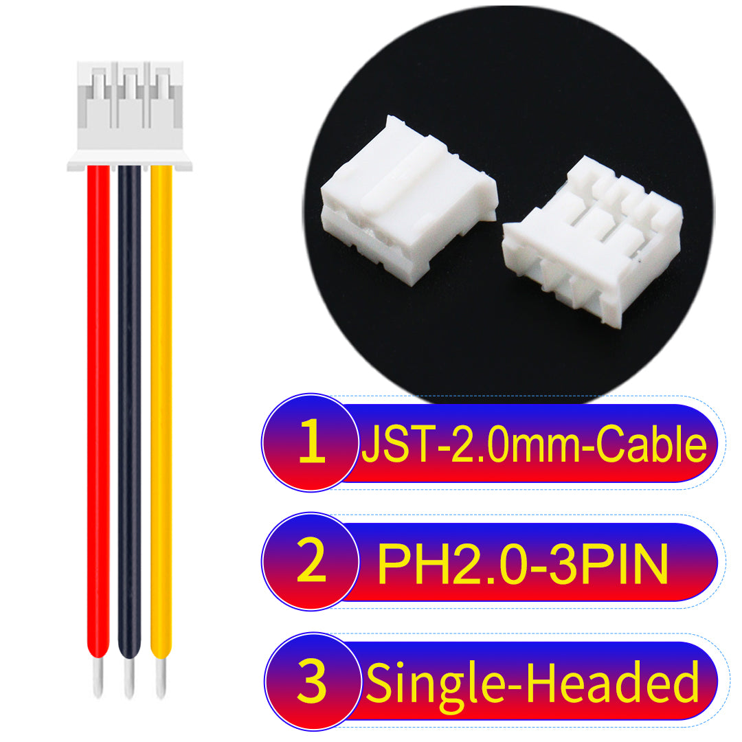 JST PH2.0 3Pin Single-Headed cable, 2.54mm pitch, 22AWG copper wire, UL1007 certified, ideal for home appliances, electrical systems, and LED lighting applications.