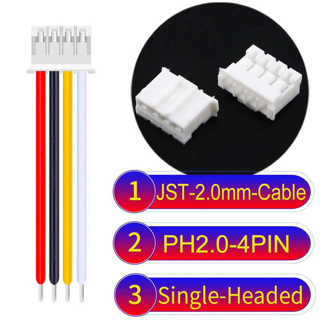JST PH2.0 4Pin Single-Headed cable, 2.54mm pitch, 22AWG copper wire, UL1007 certified, ideal for home appliances, electrical systems, and LED lighting applications.
