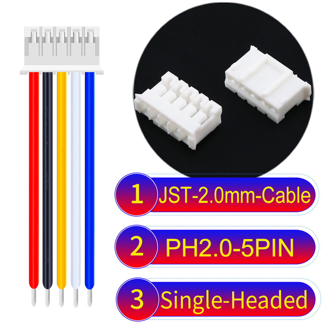 JST PH2.0 5Pin Single-Headed cable, 2.54mm pitch, 22AWG copper wire, UL1007 certified, ideal for home appliances, electrical systems, and LED lighting applications.