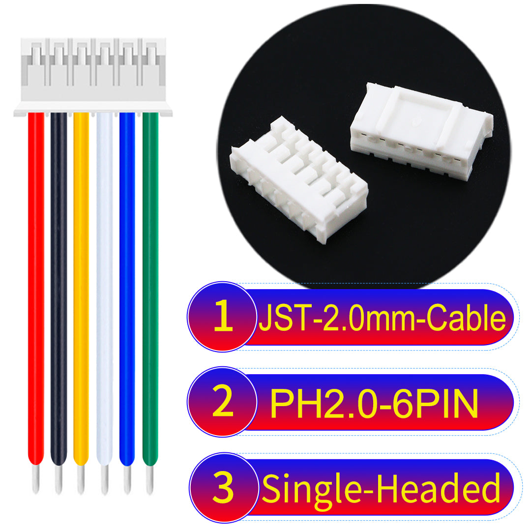JST PH2.0 6Pin Single-Headed cable, 2.54mm pitch, 22AWG copper wire, UL1007 certified, ideal for home appliances, electrical systems, and LED lighting applications.