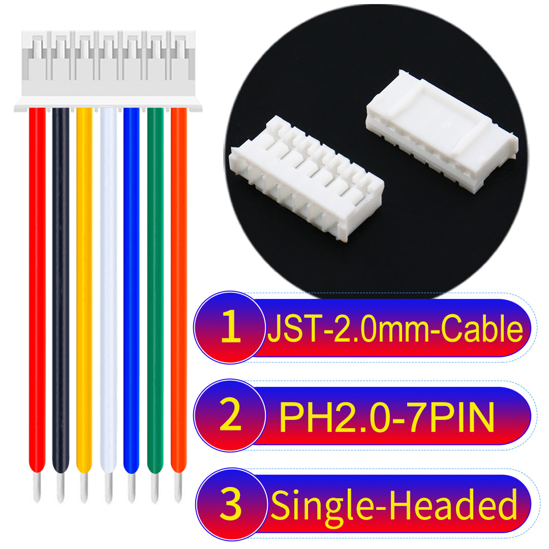 JST PH2.0 7Pin Single-Headed cable, 2.54mm pitch, 22AWG copper wire, UL1007 certified, ideal for home appliances, electrical systems, and LED lighting applications.