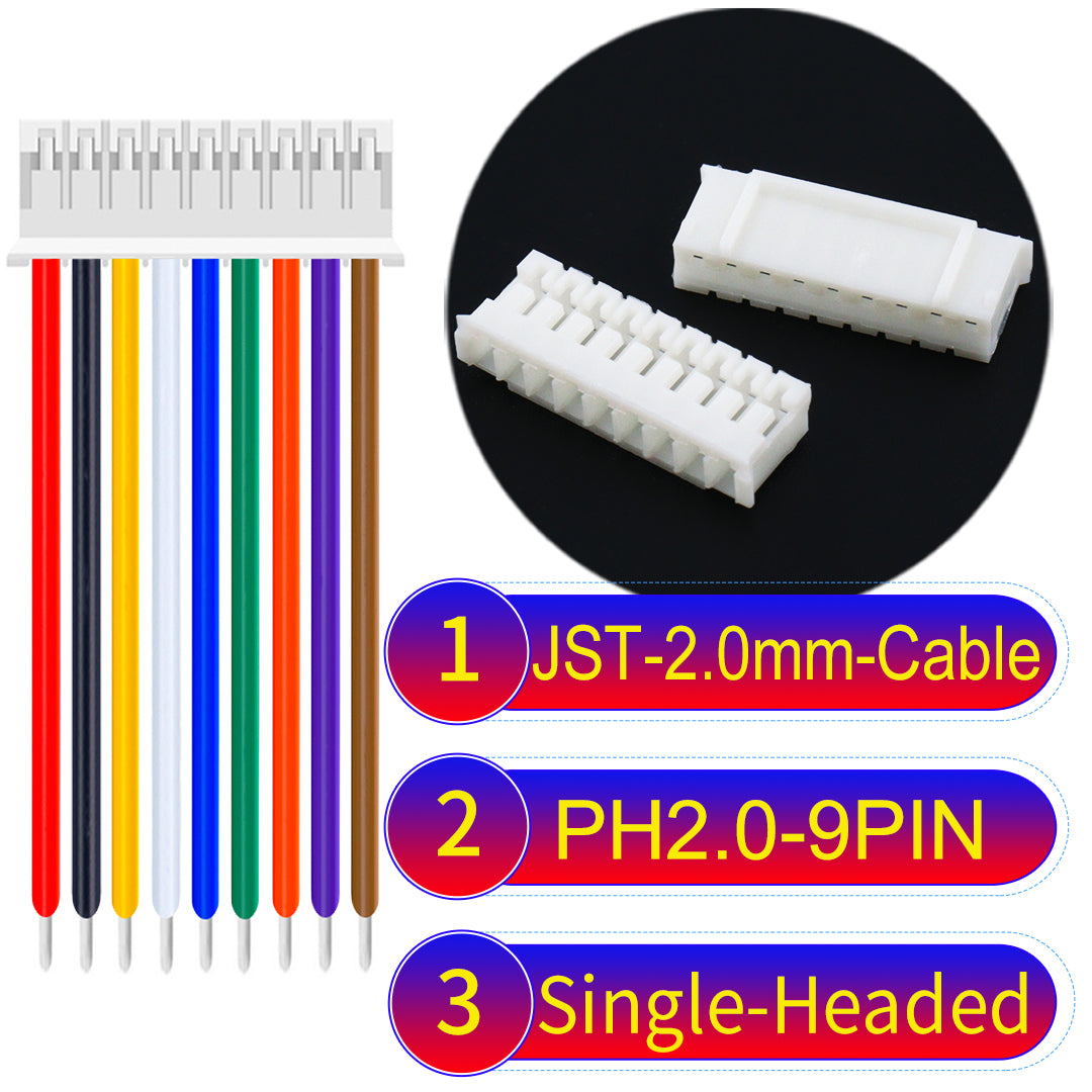 JST PH2.0 9Pin Single-Headed cable, 2.54mm pitch, 22AWG copper wire, UL1007 certified, ideal for home appliances, electrical systems, and LED lighting applications.