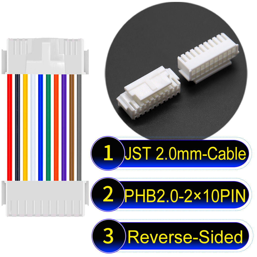 High-quality JST PHB2.0 2¡Á10Pin Reverse-Side-Head Dual Row with Belt Lock cable ing mechanism, 22AWG UL1007 material, suitable for LED, sensors, and industrial devices.