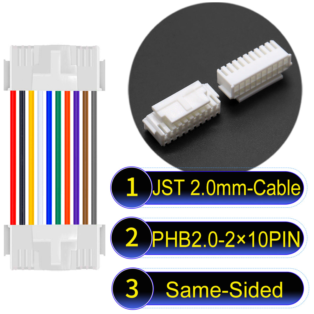 High-quality JST PHB2.0 2¡Á10Pin Same-Side-Head Dual Row with Belt Lock cable ing mechanism, 22AWG UL1007 material, suitable for LED, sensors, and industrial devices.