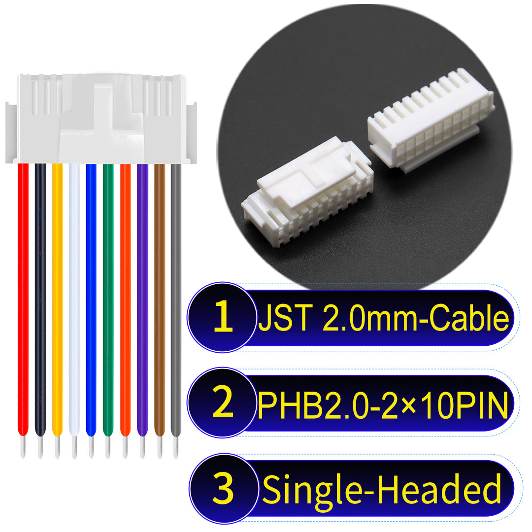 JST PHB2.0 2¡Á10Pin Single-Headed Dual Row with Belt Lock cable , 2.0mm pitch, UL1007-certified PVC, ensuring secure and durable connections for electronics and appliances.