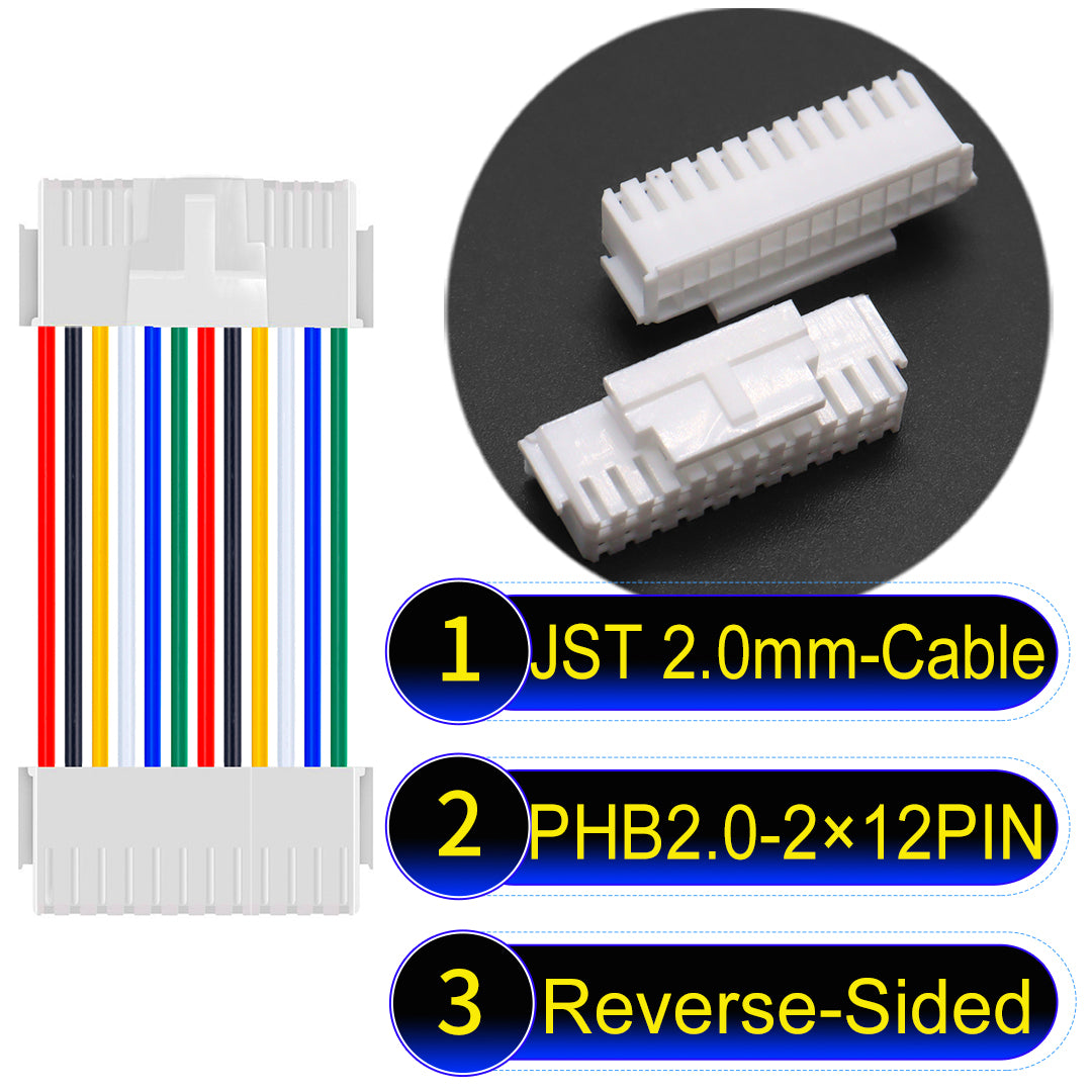 High-quality JST PHB2.0 2¡Á12Pin Reverse-Side-Head Dual Row with Belt Lock cable ing mechanism, 22AWG UL1007 material, suitable for LED, sensors, and industrial devices.