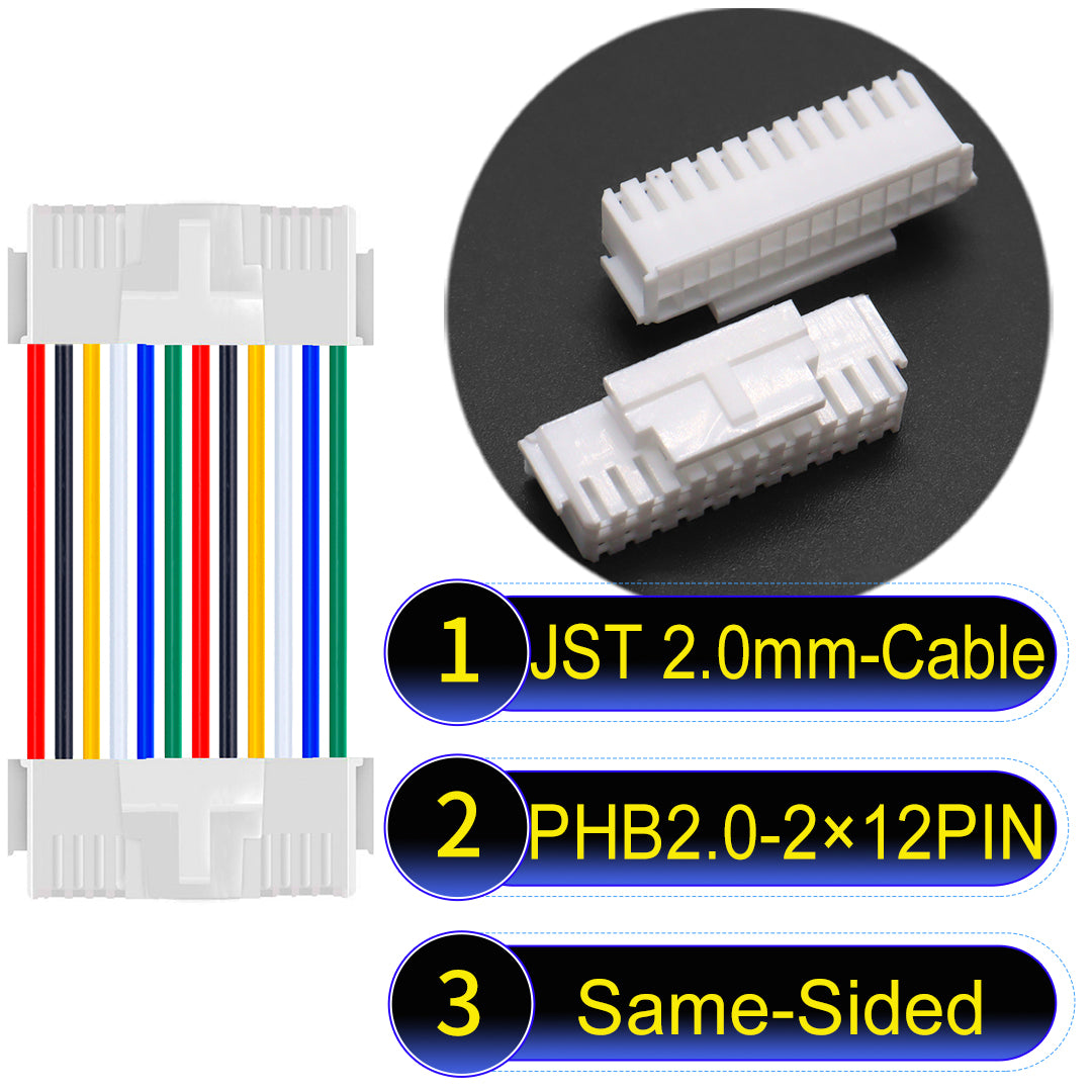 High-quality JST PHB2.0 2¡Á12Pin Same-Side-Head Dual Row with Belt Lock cable ing mechanism, 22AWG UL1007 material, suitable for LED, sensors, and industrial devices.