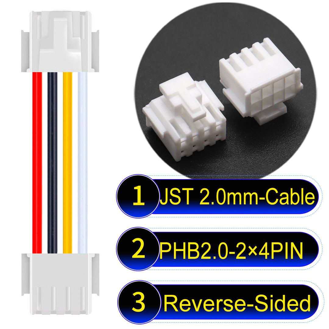 High-quality JST PHB2.0 2¡Á4Pin Reverse-Side-Head Dual Row with Belt Lock cable ing mechanism, 22AWG UL1007 material, suitable for LED, sensors, and industrial devices.