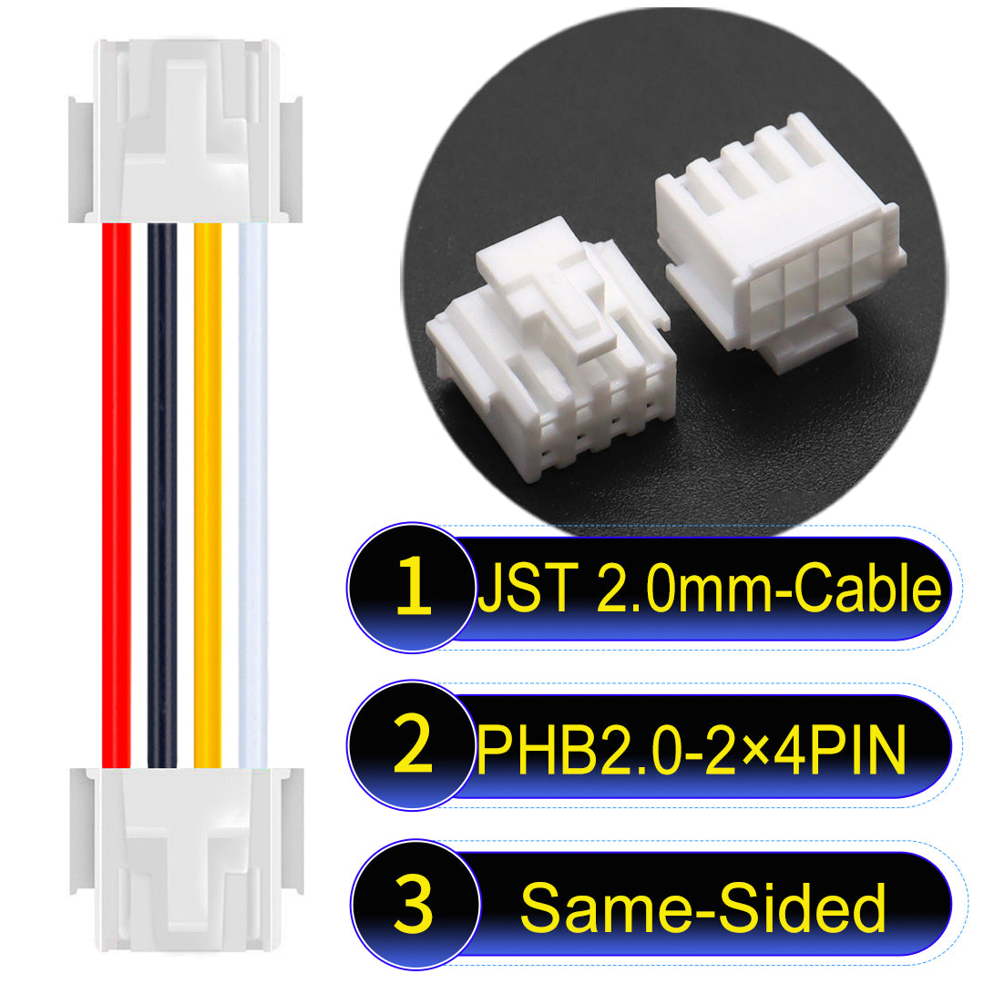 High-quality JST PHB2.0 2¡Á4Pin Same-Side-Head Dual Row with Belt Lock cable ing mechanism, 22AWG UL1007 material, suitable for LED, sensors, and industrial devices.