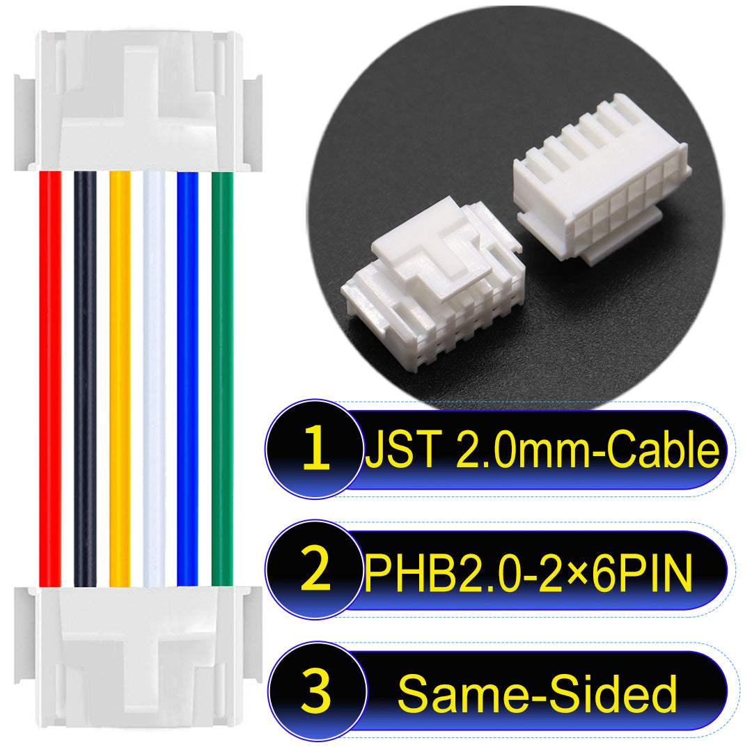 High-quality JST PHB2.0 2¡Á6Pin Same-Side-Head Dual Row with Belt Lock cable ing mechanism, 22AWG UL1007 material, suitable for LED, sensors, and industrial devices.
