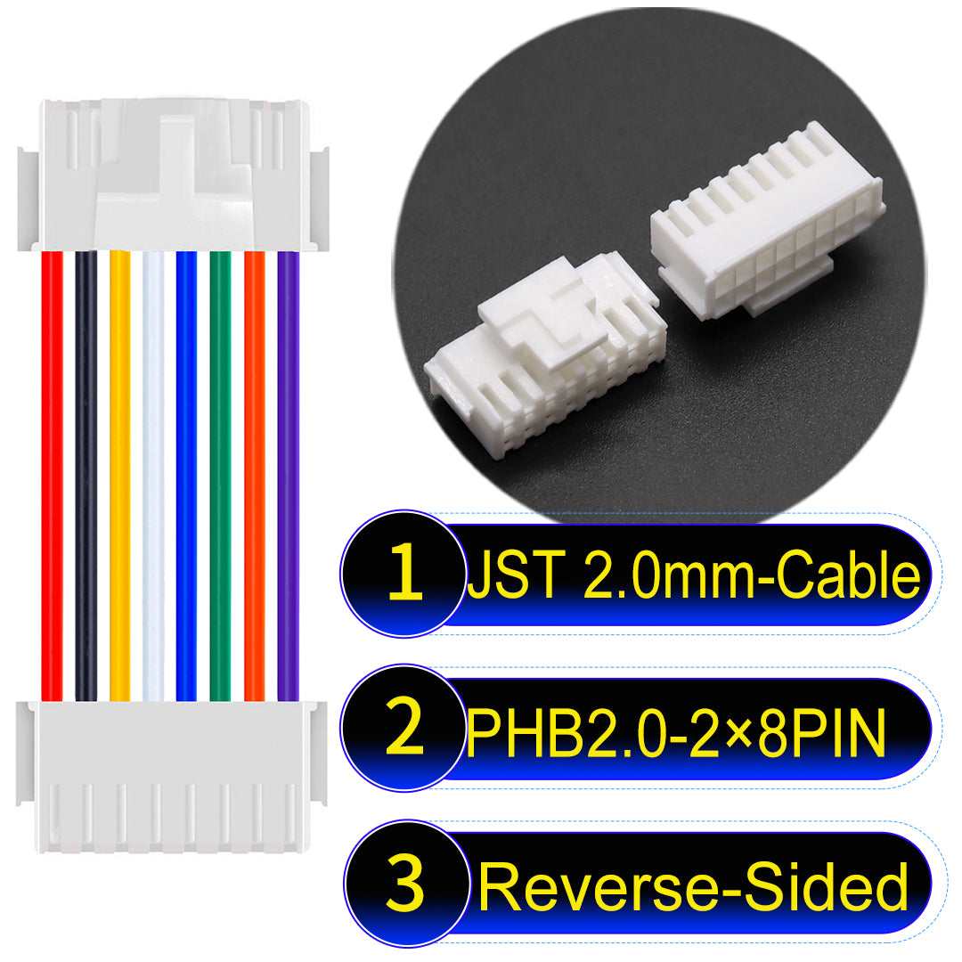 High-quality JST PHB2.0 2¡Á8Pin Reverse-Side-Head Dual Row with Belt Lock cable ing mechanism, 22AWG UL1007 material, suitable for LED, sensors, and industrial devices.