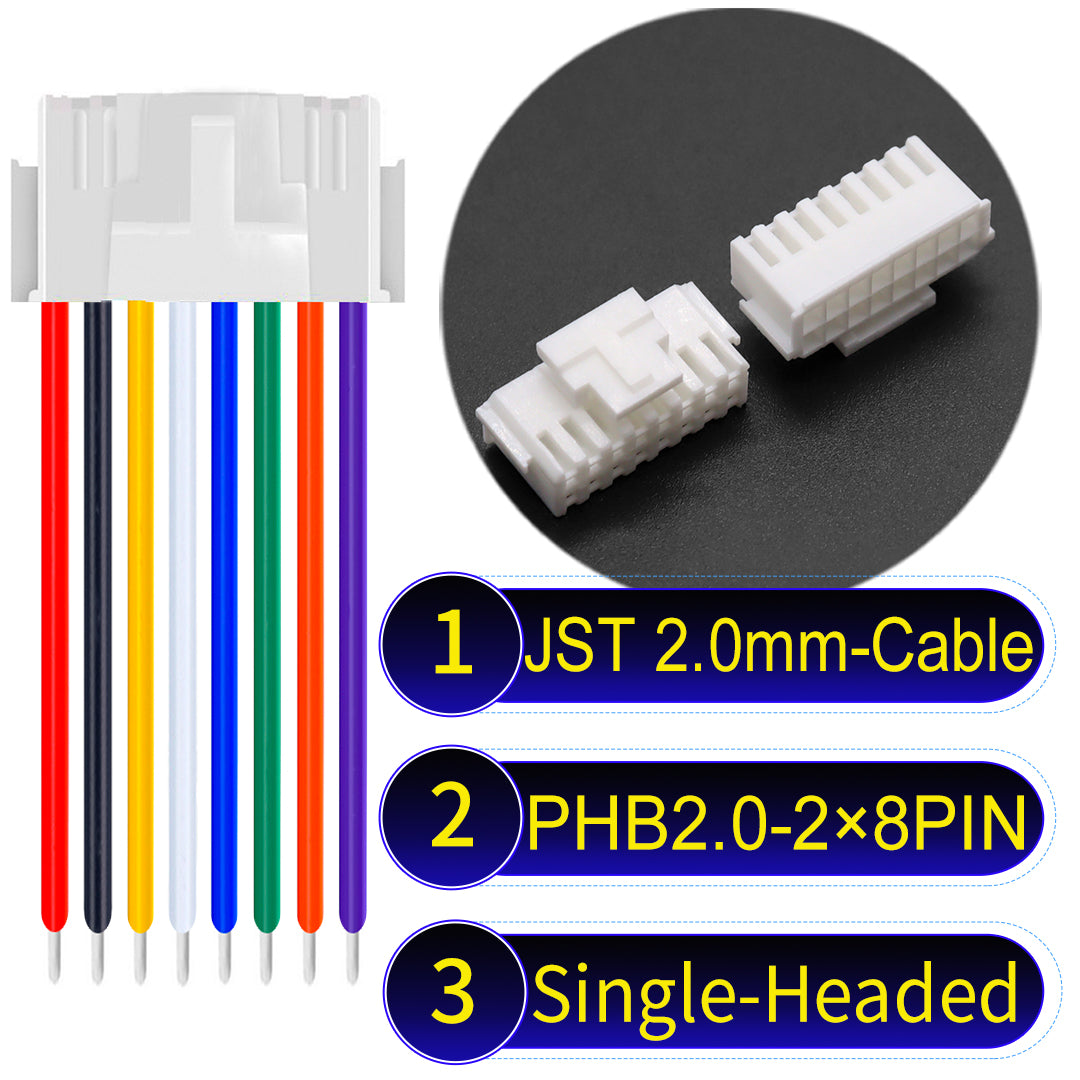 JST PHB2.0 2¡Á8Pin Single-Headed Dual Row with Belt Lock cable , 2.0mm pitch, UL1007-certified PVC, ensuring secure and durable connections for electronics and appliances.