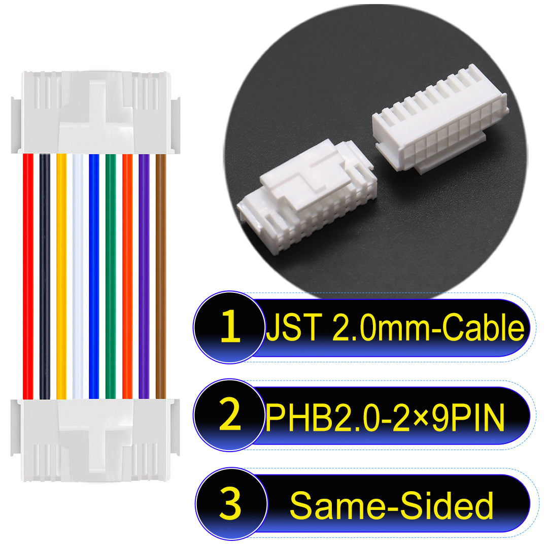 High-quality JST PHB2.0 2¡Á9Pin Same-Side-Head Dual Row with Belt Lock cable ing mechanism, 22AWG UL1007 material, suitable for LED, sensors, and industrial devices.