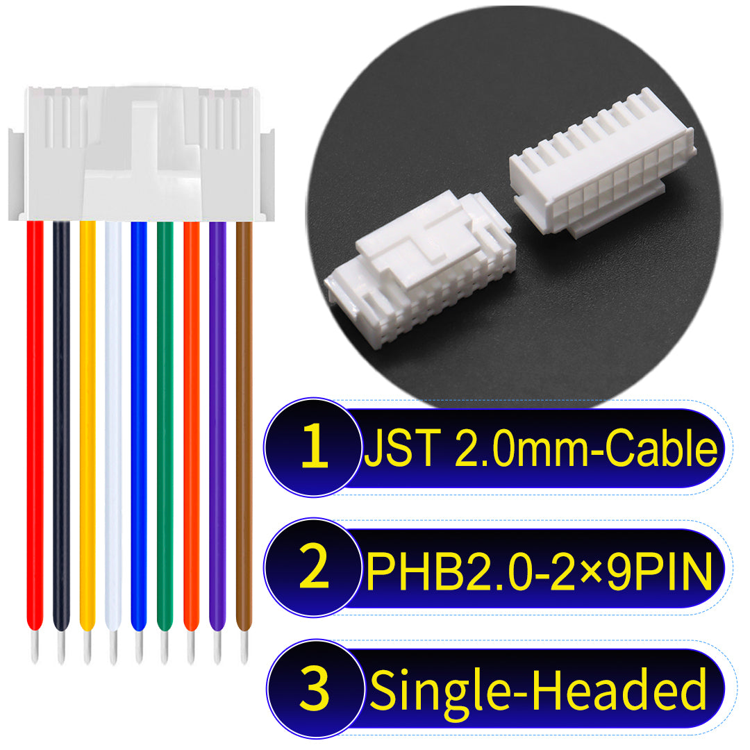 JST PHB2.0 2¡Á9Pin Single-Headed Dual Row with Belt Lock cable , 2.0mm pitch, UL1007-certified PVC, ensuring secure and durable connections for electronics and appliances.