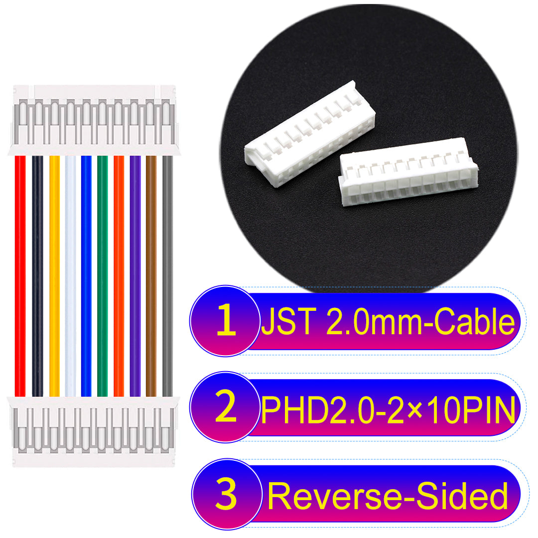 JST PHD2.0 dual-row 2×10Pin Reverse-Side-Head cable, 2.0mm pitch, UL1007-certified PVC, ensuring secure and high-density connections for various applications.
