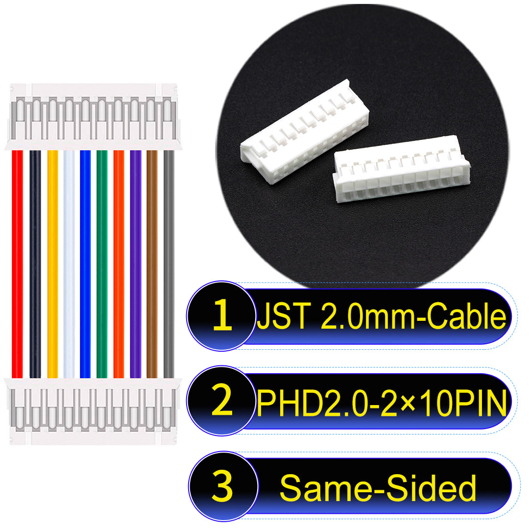 High-quality JST PHD2.0 dual-row 2×10Pin Same-Side-Head cable, 22AWG UL1007 material, 2.0mm pitch, perfect for LED, sensors, and industrial devices.
