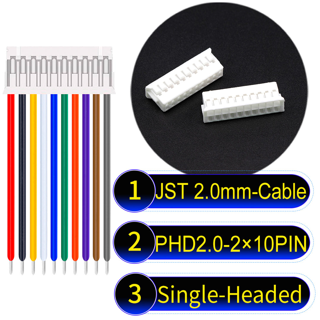 JST PHD2.0 dual-row 2×10Pin Single-Headed cable, 2.0mm pitch, UL1007-certified PVC, ensuring secure and high-density connections for various applications.