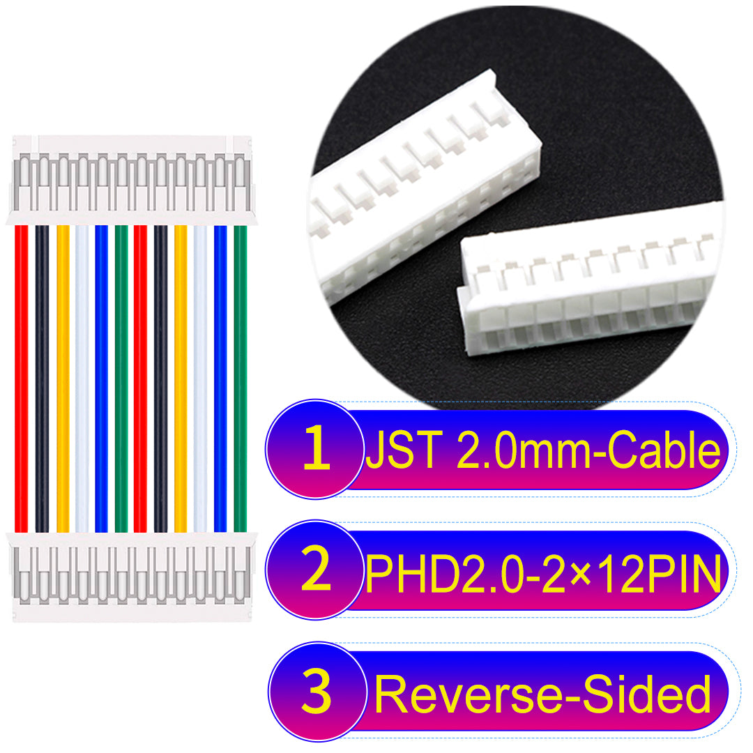 JST PHD2.0 dual-row 2×12Pin Reverse-Side-Head cable, 2.0mm pitch, UL1007-certified PVC, ensuring secure and high-density connections for various applications.