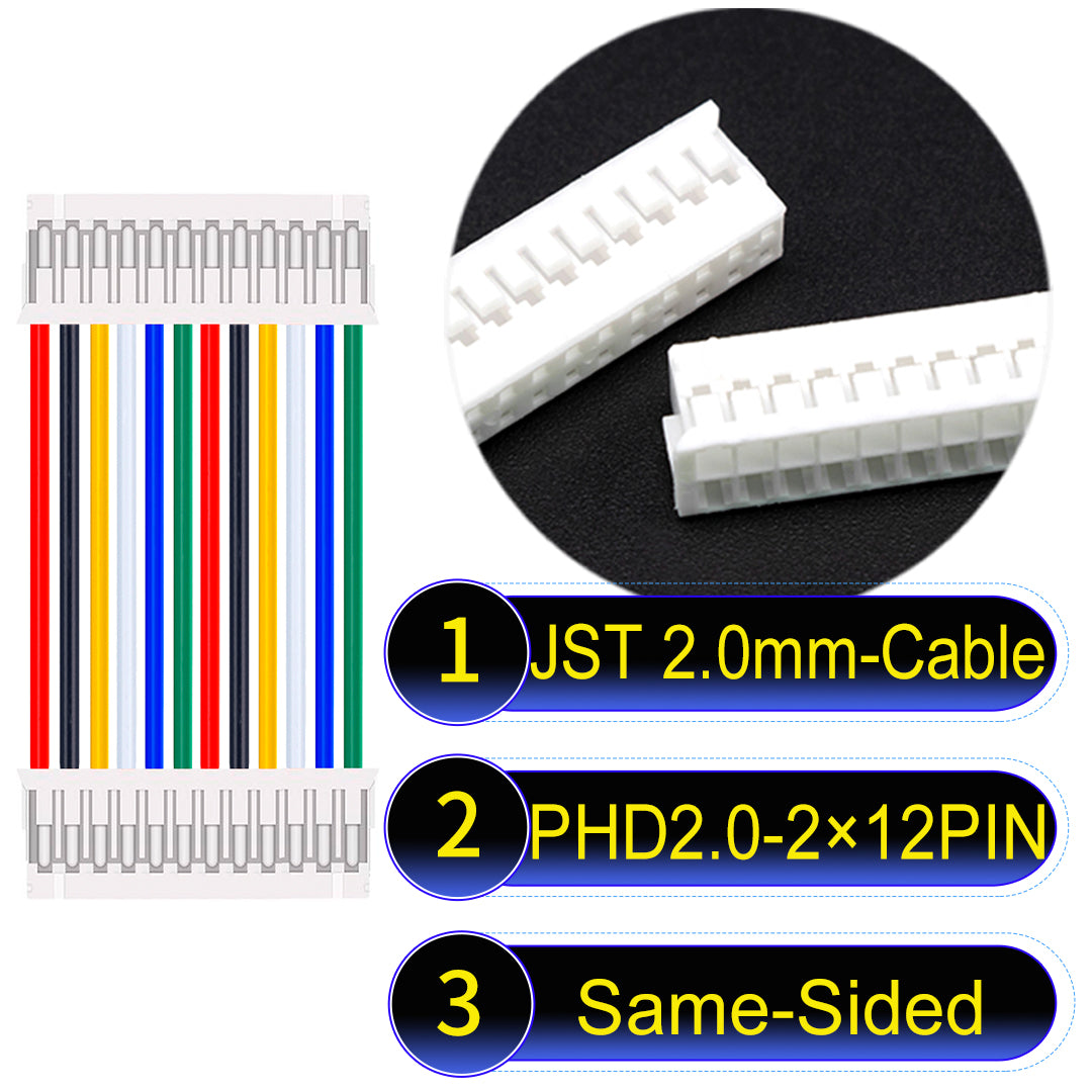 High-quality JST PHD2.0 dual-row 2×12Pin Same-Side-Head cable, 22AWG UL1007 material, 2.0mm pitch, perfect for LED, sensors, and industrial devices.