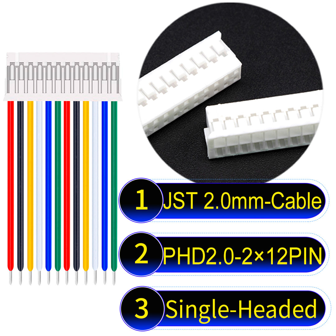 JST PHD2.0 dual-row 2×12Pin Single-Headed cable, 2.0mm pitch, UL1007-certified PVC, ensuring secure and high-density connections for various applications.