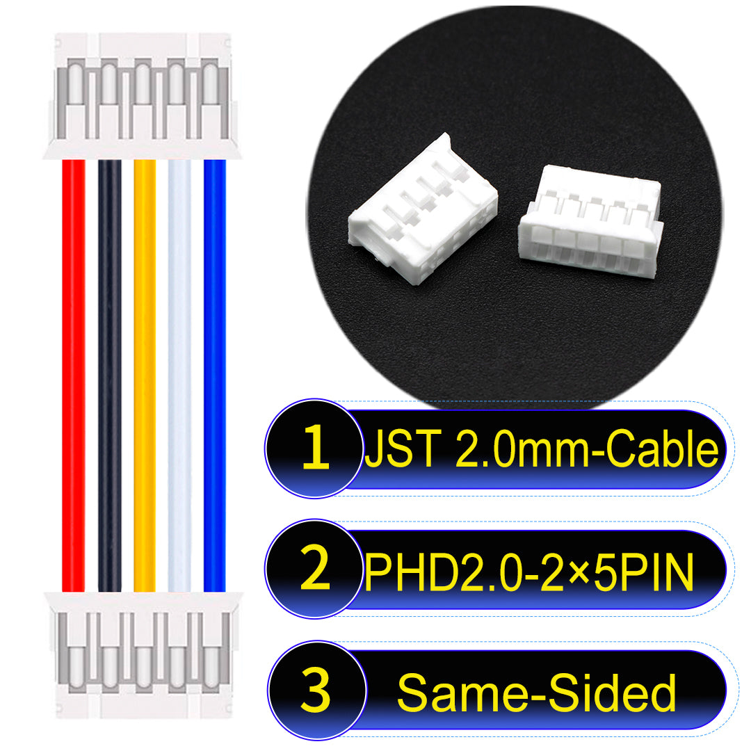 High-quality JST PHD2.0 dual-row 2×5Pin Same-Side-Head cable, 22AWG UL1007 material, 2.0mm pitch, perfect for LED, sensors, and industrial devices.