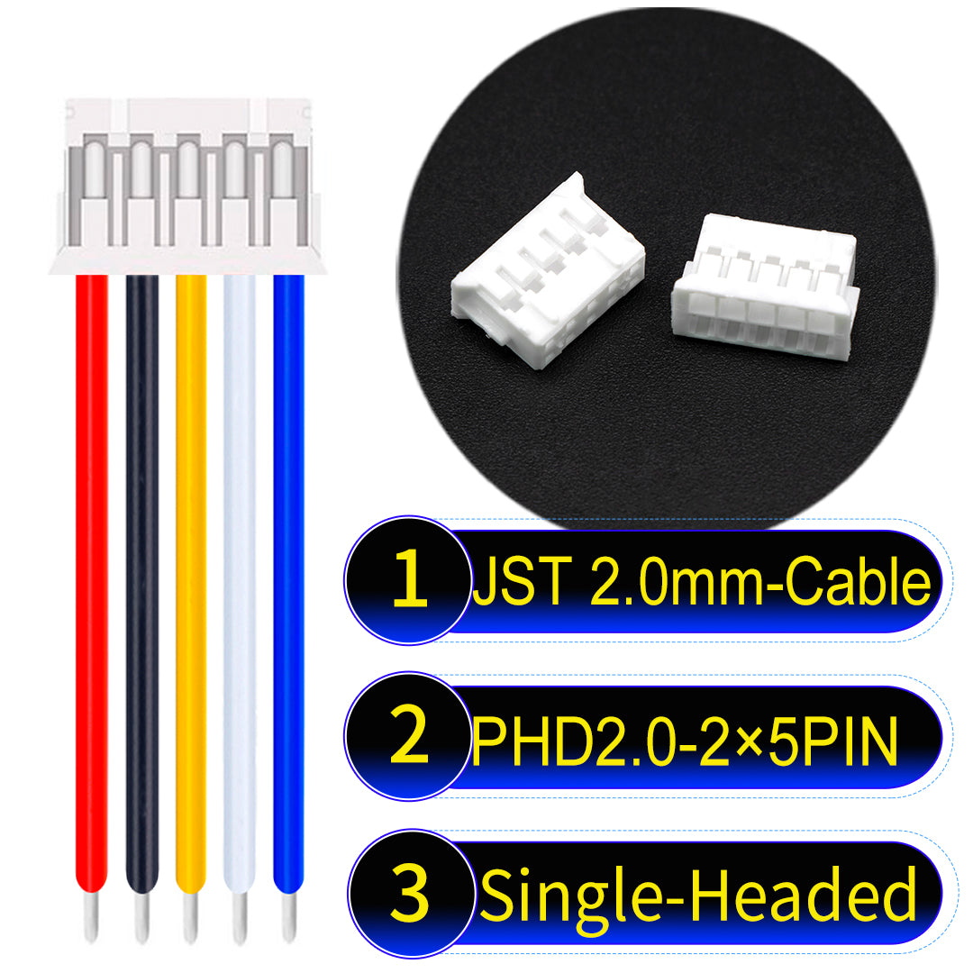 JST PHD2.0 dual-row 2×5Pin Single-Headed cable, 2.0mm pitch, UL1007-certified PVC, ensuring secure and high-density connections for various applications.